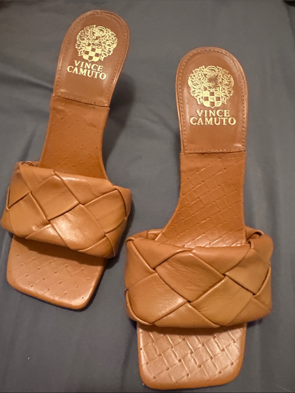 ⁠Vince Camuto Brelanie Woven Leather Square Toe Heeled Mules Tan / Dulce De Lech